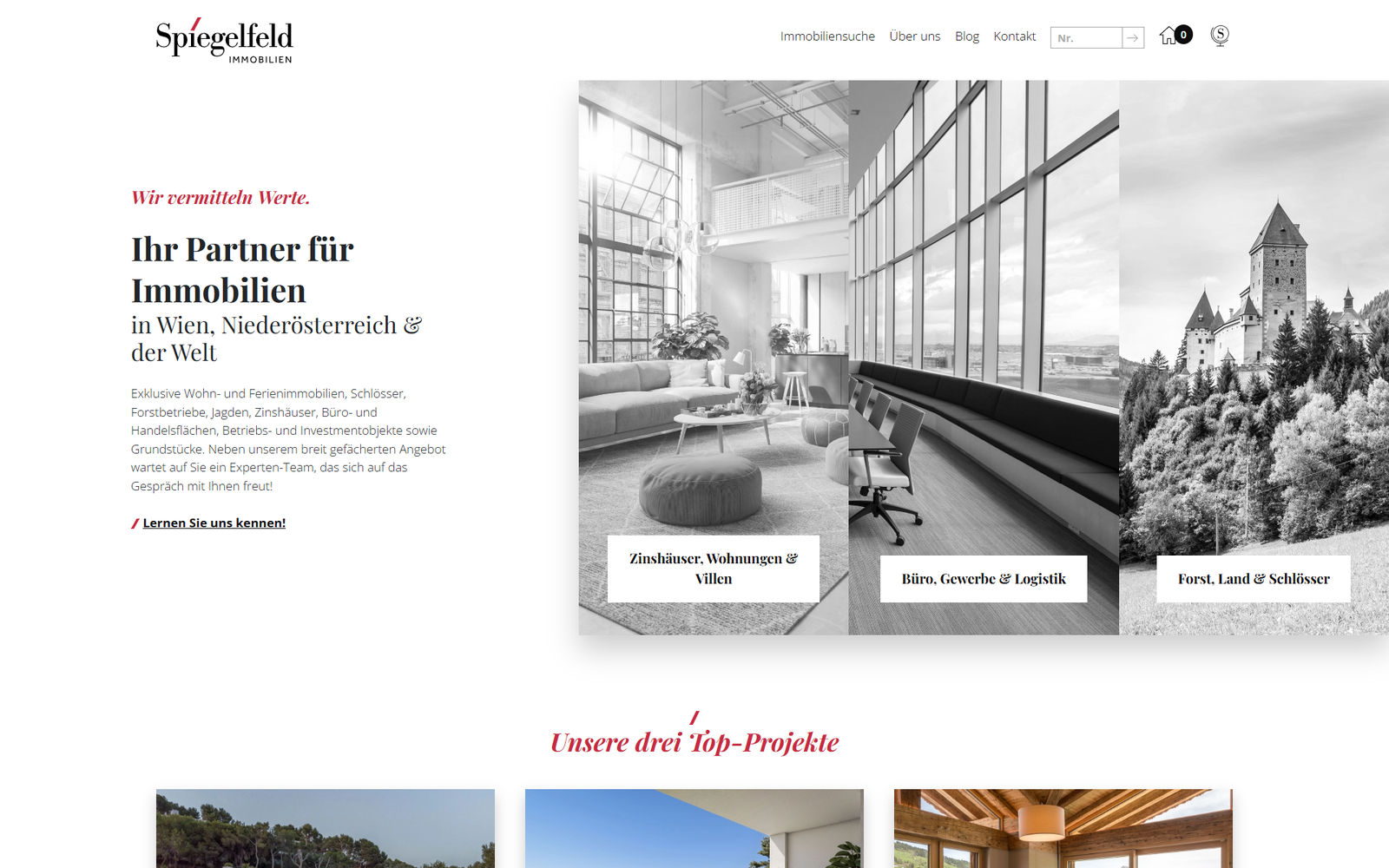Aktueller Screenshot der Website von Spiegelfeld Immobilien